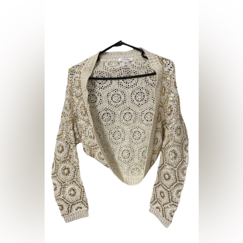 LN White House Black Market Cropped Embroidered Knit Sequin Open Cardigan Y2K - Picture 6 of 16
